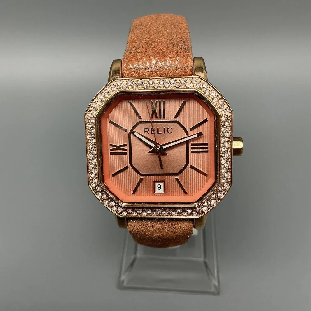 Relic ZR34181 Womens Watch 33mm Octagon Gold Tone Crystals Leather New Battery